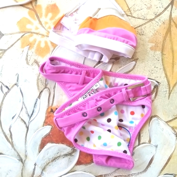 ROXY White Polkadots Lined Belted Boy Shorts Triangle Top Pinks 2 pc Bikini M - Picture 5 of 15